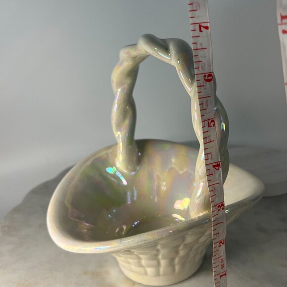 Vtg Iridescent Ceramic Basket Opalescence Twisted Handle Trinkets Flowers Crazed - Picture 6 of 8